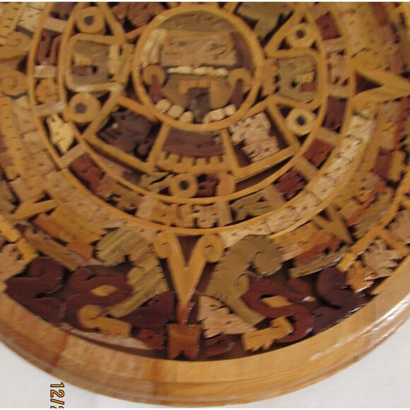 Aztec Mayan inlaid mosaic wood calendar wall hanging Mexico carved gallery wall - Picture 2 of 6